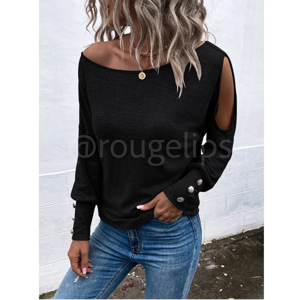 Black One Cold Shoulder Asymmetric Boat Neck Long Sleeve Tee Shirt - Picture 3 of 9
